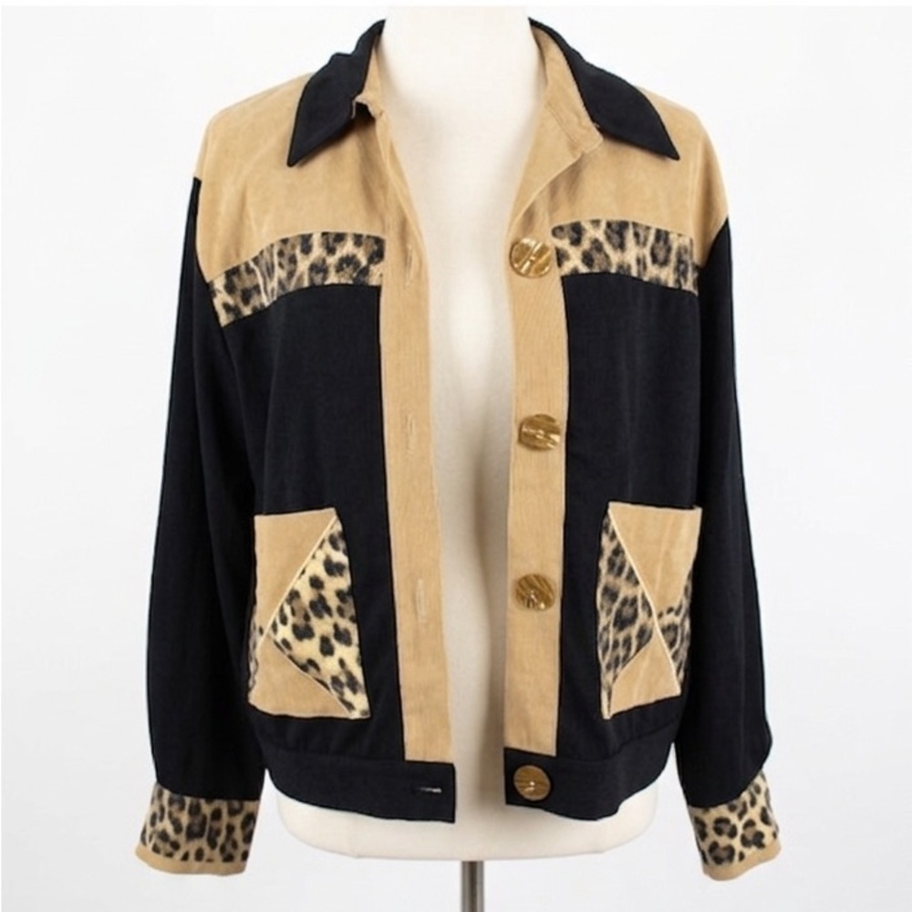 Vintage Saint Germain Leopard‎ Trim Blouse 80s 90s Western Glam Chic- Small